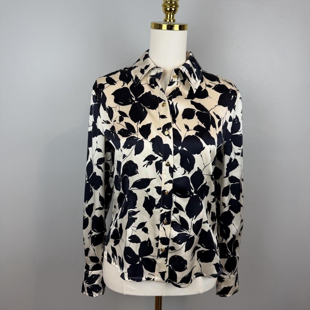 St. John Womens Blouse Size small Silk Cream Black Floral Art Button Up